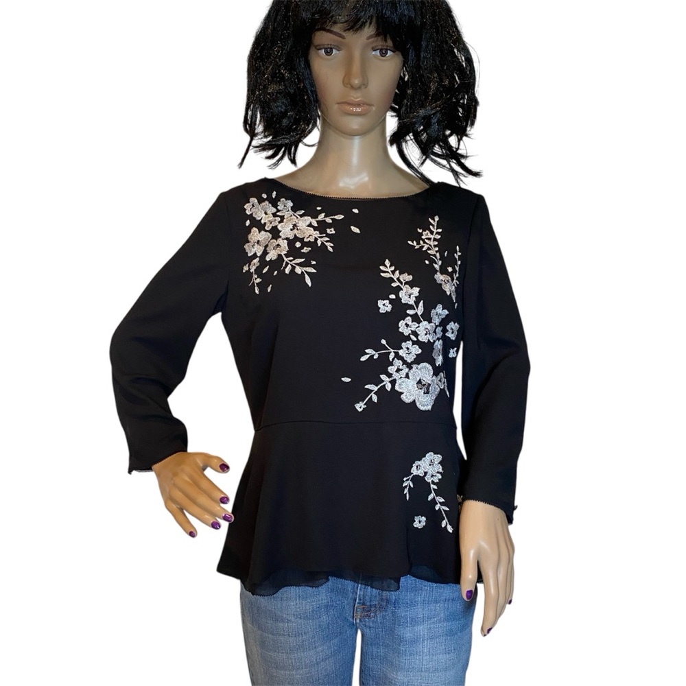 White House Black Market WHBM Embroidered Floral Layered Black Blouse Size 6 EUC
